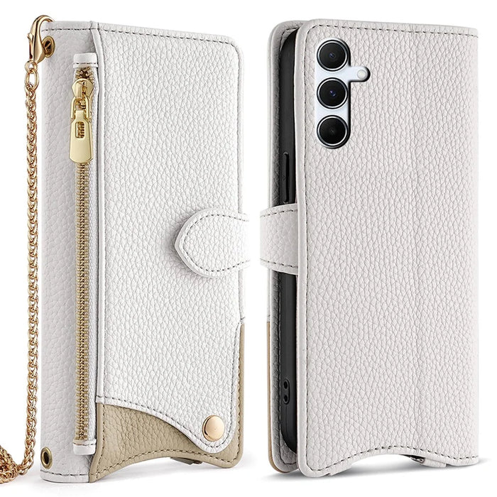 For Samsung Galaxy A15 5G Leather Case Wallet Stand Cover Irregular Tail Style with Chain Strap - White - 1