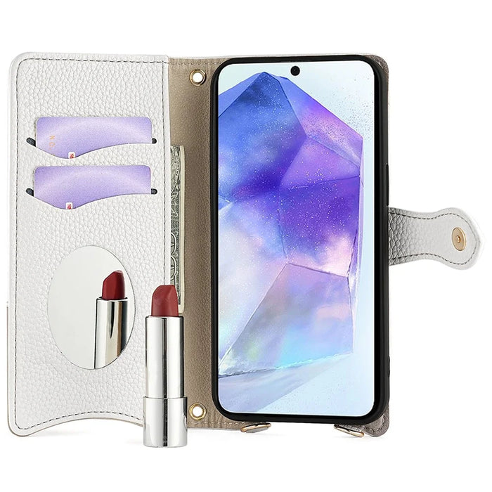 For Samsung Galaxy A15 5G Leather Case Wallet Stand Cover Irregular Tail Style with Chain Strap - White - 2