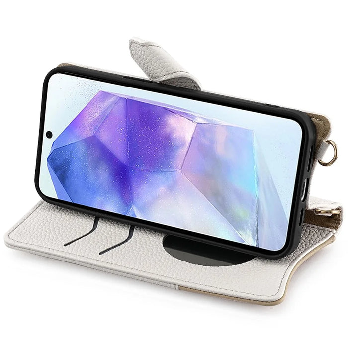 For Samsung Galaxy A15 5G Leather Case Wallet Stand Cover Irregular Tail Style with Chain Strap - White - 3
