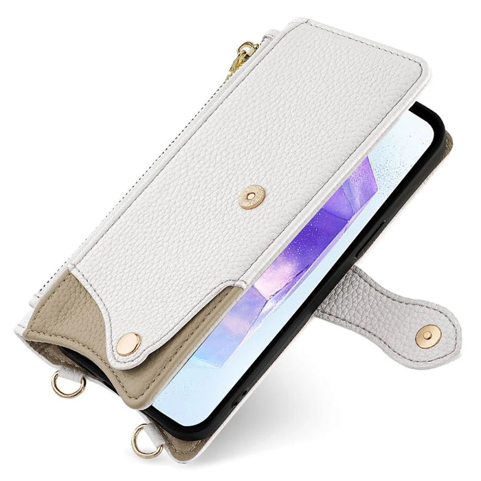 For Samsung Galaxy A15 5G Leather Case Wallet Stand Cover Irregular Tail Style with Chain Strap - White - 5