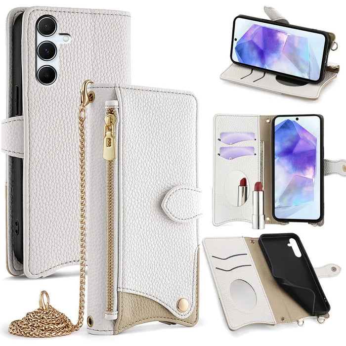 For Samsung Galaxy A15 5G Leather Case Wallet Stand Cover Irregular Tail Style with Chain Strap - White - 7