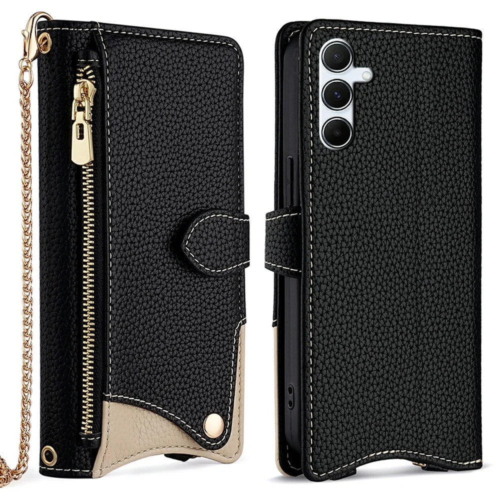 For Samsung Galaxy A25 5G (Global) (161.0 x 76.5 x 8.3mm) Leather Case Wallet Stand Cover Irregular Tail Style with Chain Strap - Black - 1