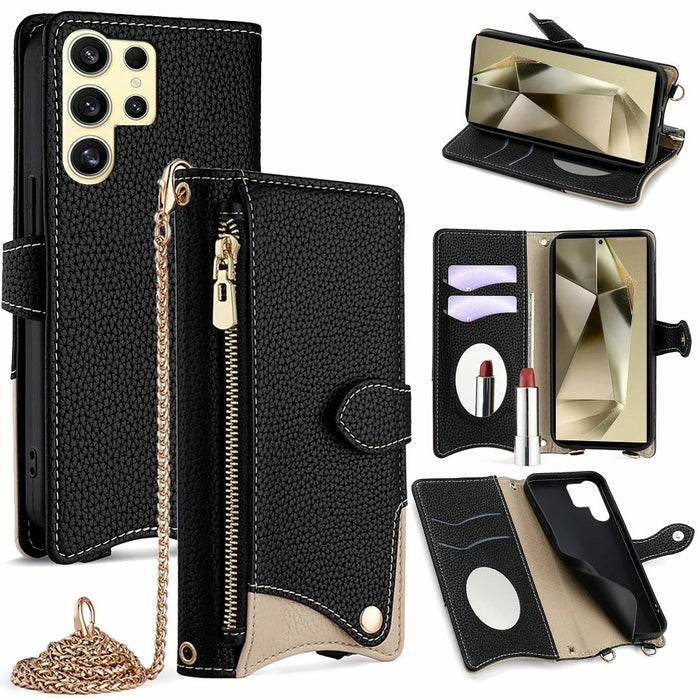 For Samsung Galaxy S23 Ultra Leather Case Wallet Stand Cover Irregular Tail Style with Chain Strap - Black - 1