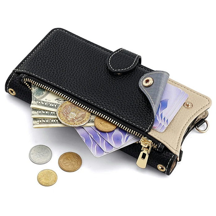 For Samsung Galaxy S23 Ultra Leather Case Wallet Stand Cover Irregular Tail Style with Chain Strap - Black - 2