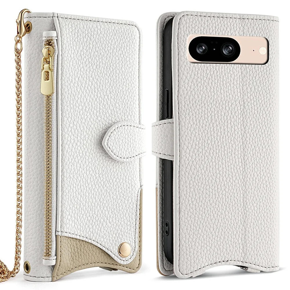 For Google Pixel 8 Leather Case Wallet Stand Cover Irregular Tail Style with Chain Strap - White - 1