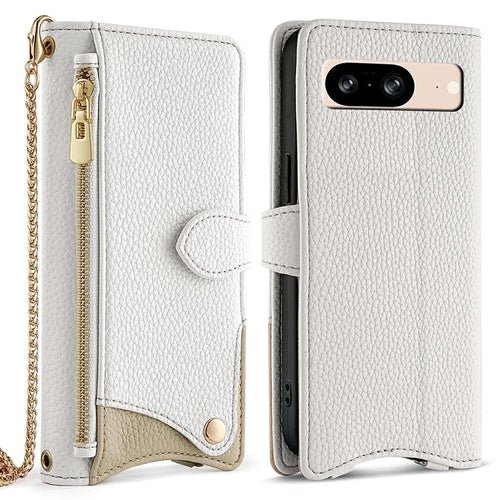 For Google Pixel 8 Leather Case Wallet Stand Cover Irregular Tail Style with Chain Strap - White - 1