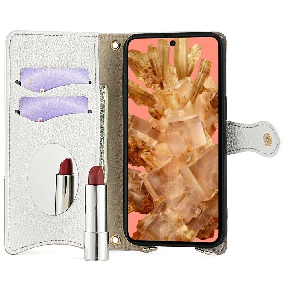 For Google Pixel 8 Leather Case Wallet Stand Cover Irregular Tail Style with Chain Strap - White - 2