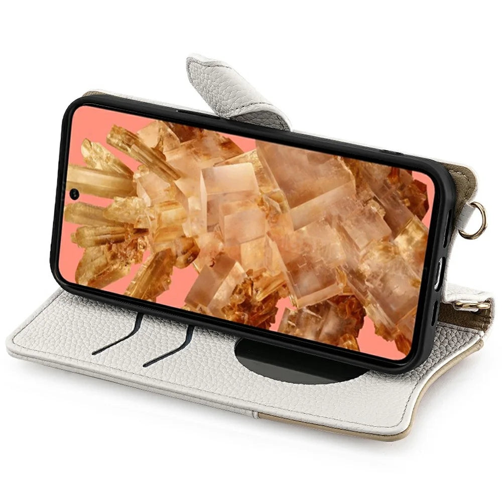 For Google Pixel 8 Leather Case Wallet Stand Cover Irregular Tail Style with Chain Strap - White - 3