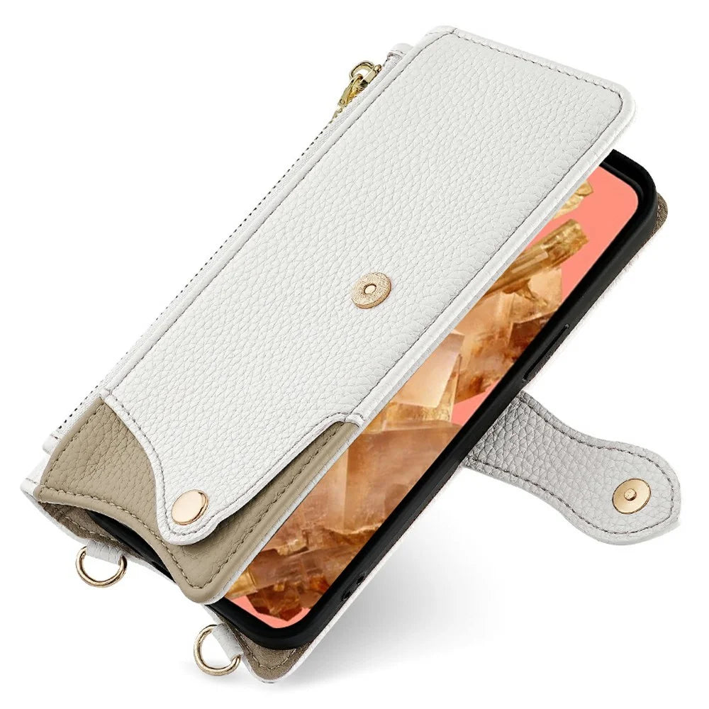 For Google Pixel 8 Leather Case Wallet Stand Cover Irregular Tail Style with Chain Strap - White - 5