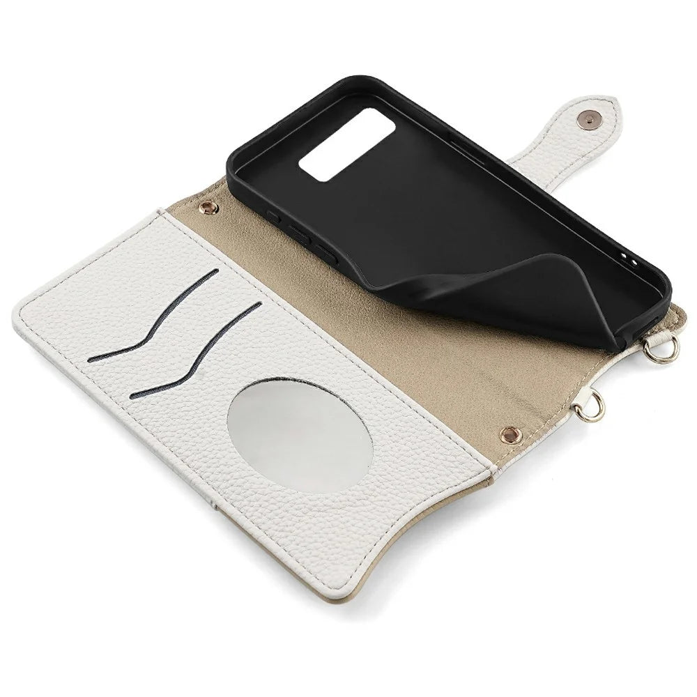 For Google Pixel 8 Leather Case Wallet Stand Cover Irregular Tail Style with Chain Strap - White - 6
