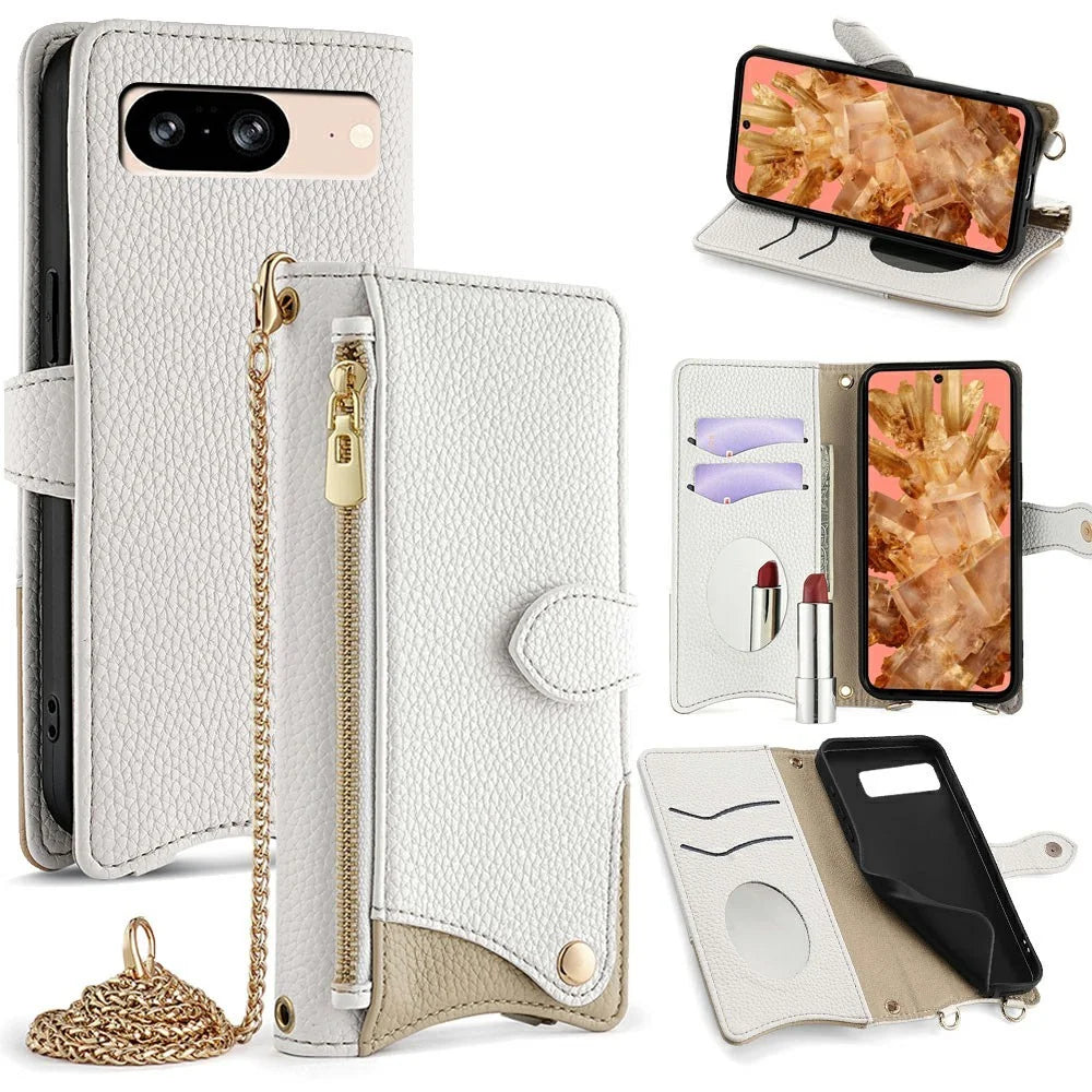 For Google Pixel 8 Leather Case Wallet Stand Cover Irregular Tail Style with Chain Strap - White - 7