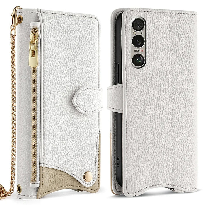 For Sony Xperia 1 IV 5G Leather Case Wallet Stand Cover Irregular Tail Style with Chain Strap - White - 1