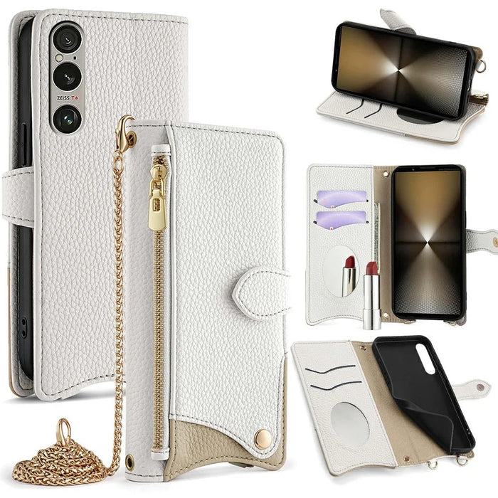 For Sony Xperia 1 IV 5G Leather Case Wallet Stand Cover Irregular Tail Style with Chain Strap - White - 7