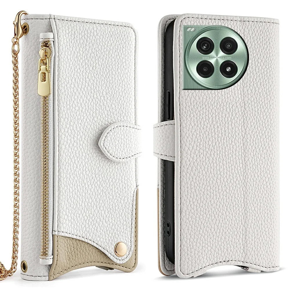 For OnePlus Ace 3 Pro 5G Leather Case Wallet Stand Cover Irregular Tail Style with Chain Strap - White - 1