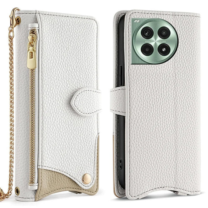 For OnePlus Ace 3 Pro 5G Leather Case Wallet Stand Cover Irregular Tail Style with Chain Strap - White - 1