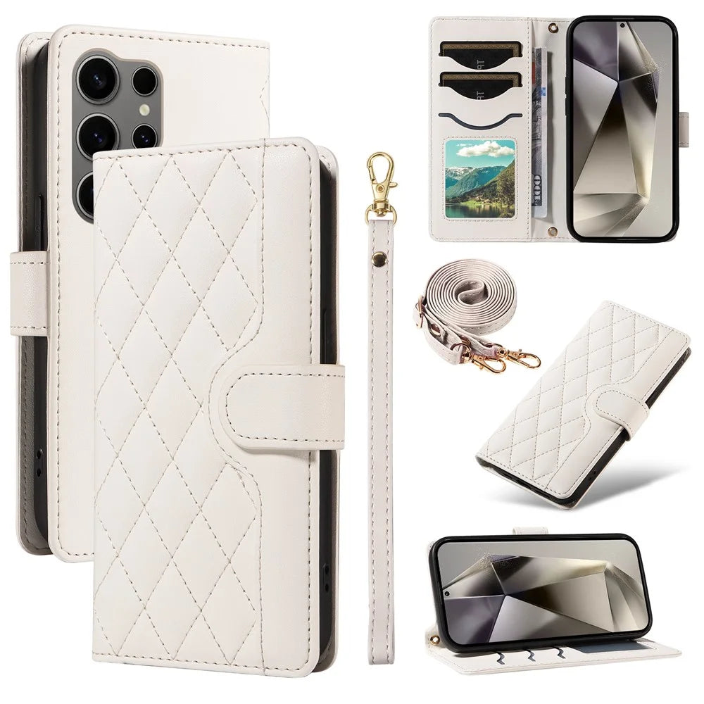 For Samsung Galaxy S25 Ultra Case Wallet Rhombus Leather Phone Cover with Shoulder Strap, Wrist Strap - White - 1