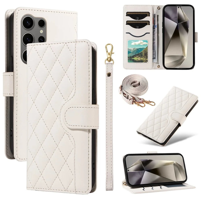 For Samsung Galaxy S25 Ultra Case Wallet Rhombus Leather Phone Cover with Shoulder Strap, Wrist Strap - White - 1