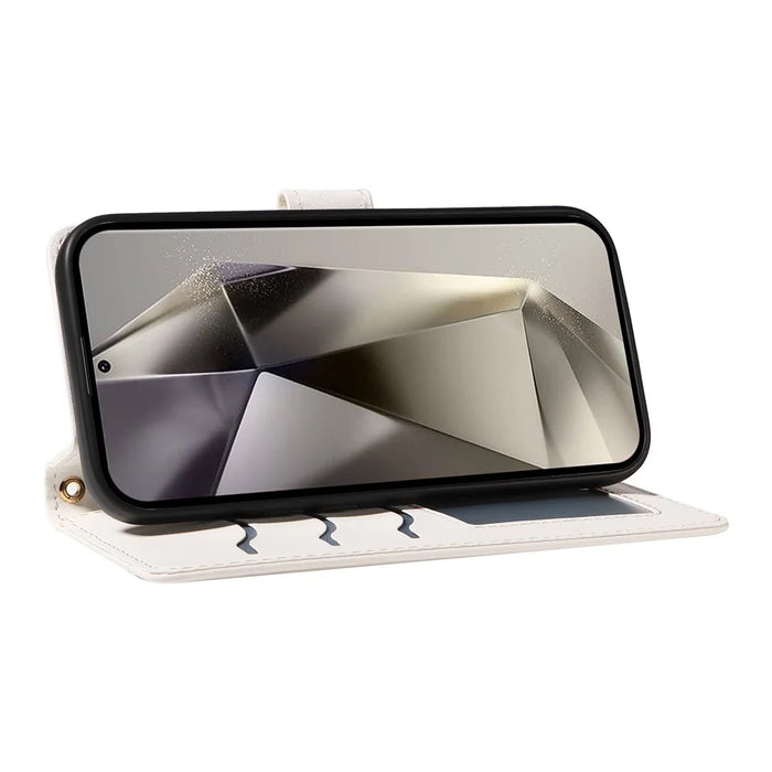 For Samsung Galaxy S25 Ultra Case Wallet Rhombus Leather Phone Cover with Shoulder Strap, Wrist Strap - White - 3
