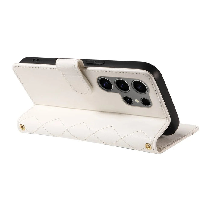 For Samsung Galaxy S25 Ultra Case Wallet Rhombus Leather Phone Cover with Shoulder Strap, Wrist Strap - White - 4
