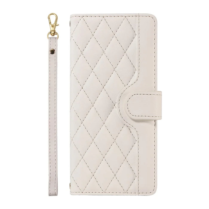 For Samsung Galaxy S25 Ultra Case Wallet Rhombus Leather Phone Cover with Shoulder Strap, Wrist Strap - White - 6