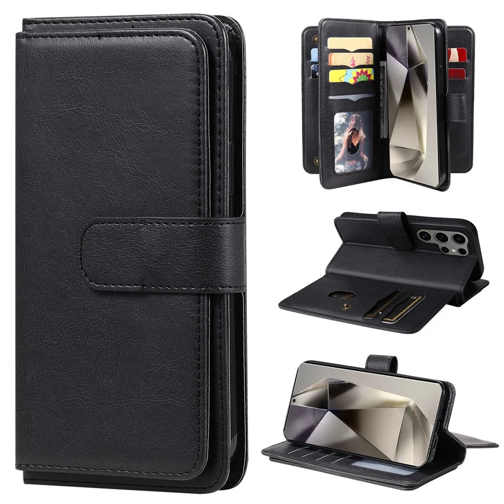 For Samsung Galaxy S25 Ultra Leather Case with 10 Card Holder Phone Cover Stand - Black - 1