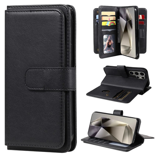 For Samsung Galaxy S25 Ultra Leather Case with 10 Card Holder Phone Cover Stand - Black - 1