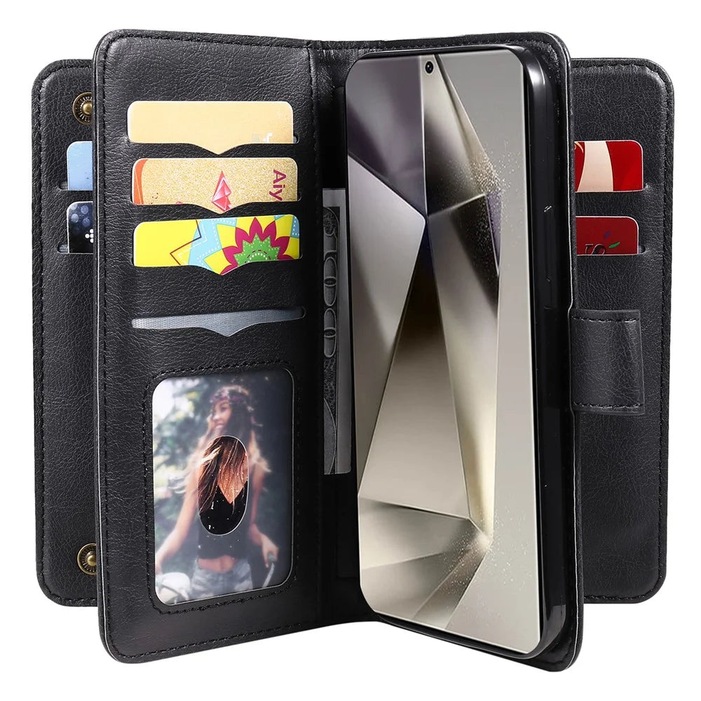 For Samsung Galaxy S25 Ultra Leather Case with 10 Card Holder Phone Cover Stand - Black - 2