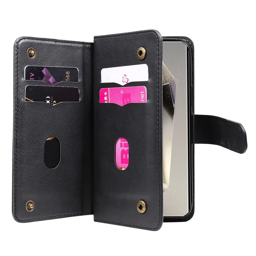 For Samsung Galaxy S25 Ultra Leather Case with 10 Card Holder Phone Cover Stand - Black - 3