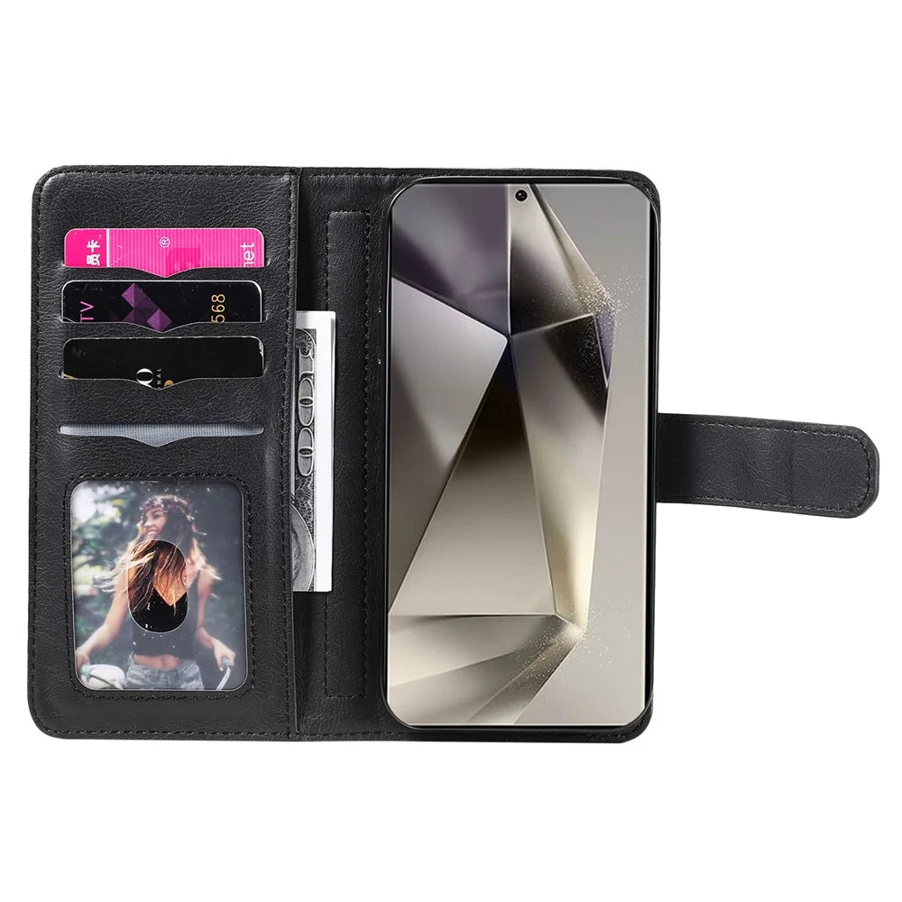 For Samsung Galaxy S25 Ultra Leather Case with 10 Card Holder Phone Cover Stand - Black - 4