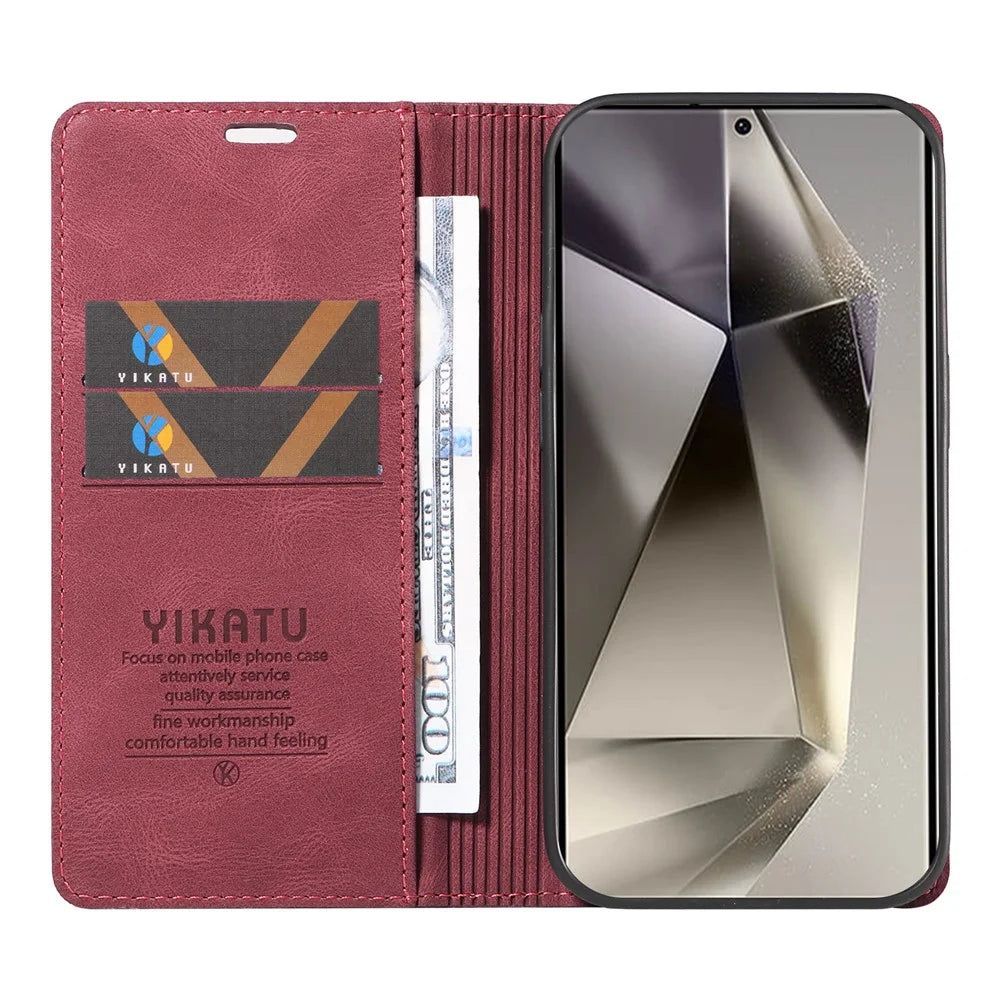 YIKATU YK-004 For Samsung Galaxy S25 Ultra Case Leather Skin-Touch Phone Cover Magnetic Auto-Absorbed - Wine Red - 2