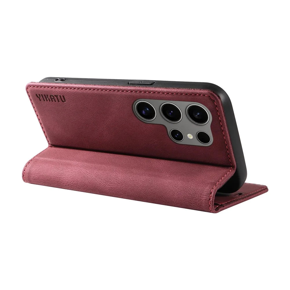 YIKATU YK-004 For Samsung Galaxy S25 Ultra Case Leather Skin-Touch Phone Cover Magnetic Auto-Absorbed - Wine Red - 4