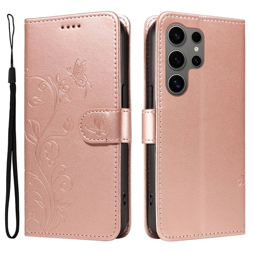 For Samsung Galaxy S25 Ultra PU Leather Cases Flower Pattern Wallet Stand Phone Cover with Strap - Rose Gold - 1