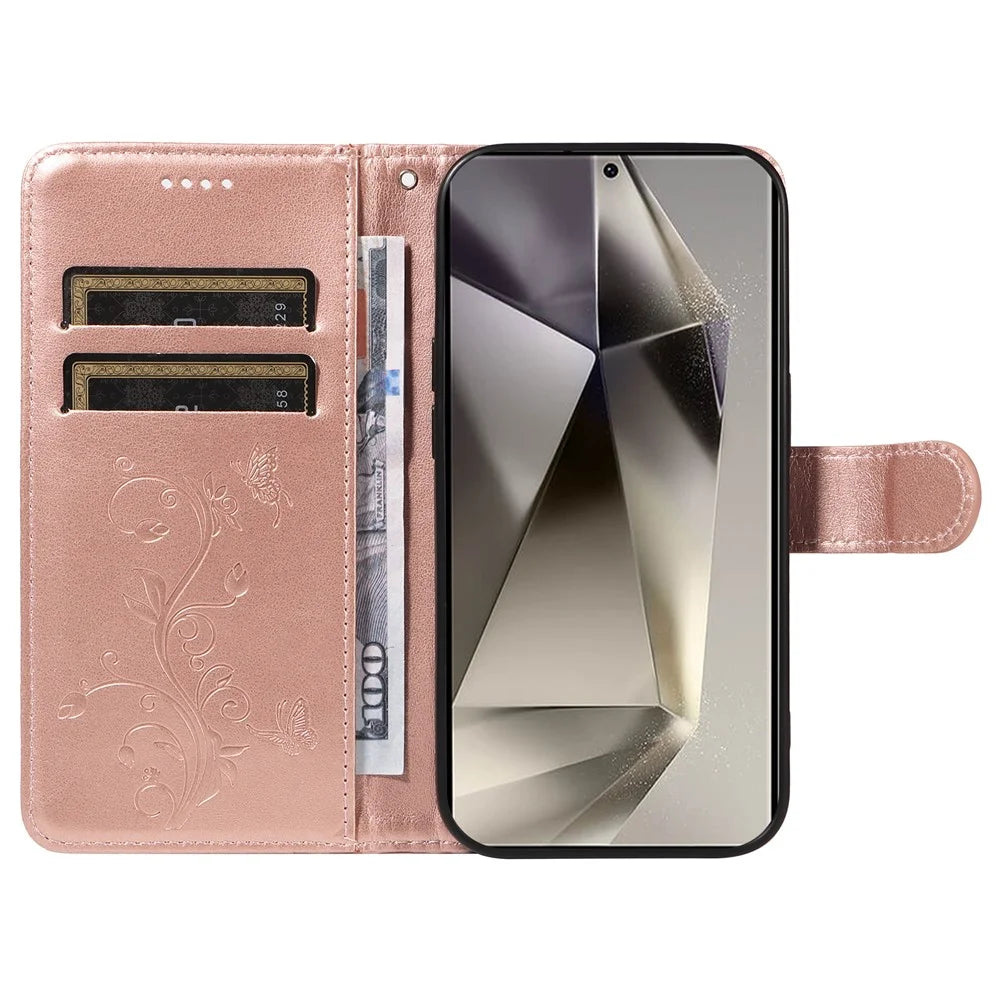 For Samsung Galaxy S25 Ultra PU Leather Cases Flower Pattern Wallet Stand Phone Cover with Strap - Rose Gold - 2