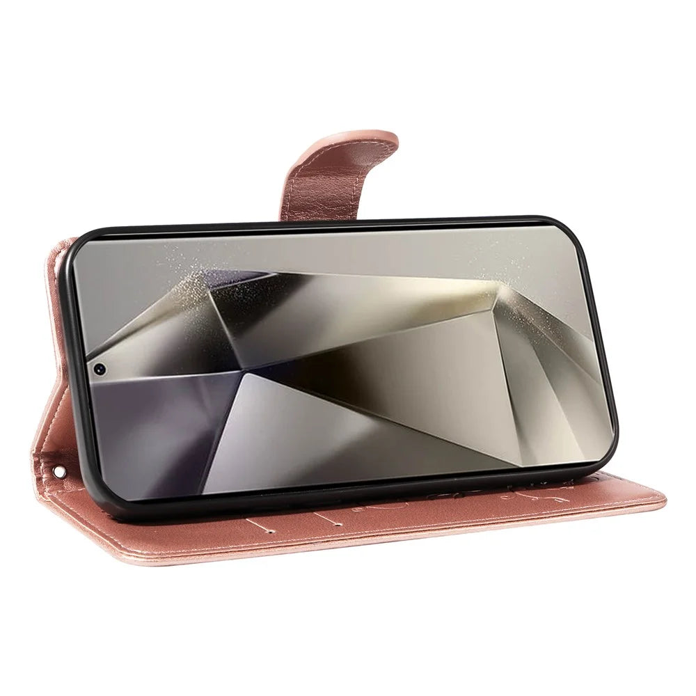 For Samsung Galaxy S25 Ultra PU Leather Cases Flower Pattern Wallet Stand Phone Cover with Strap - Rose Gold - 3