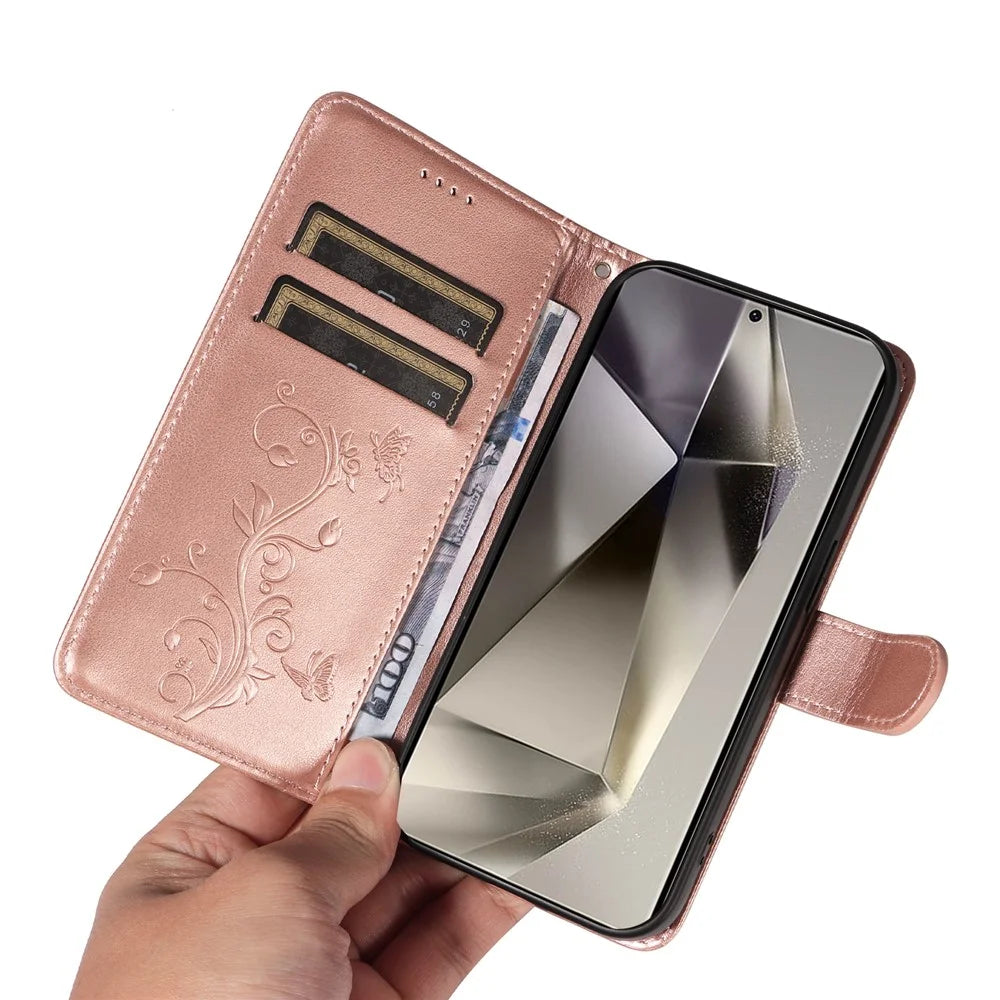For Samsung Galaxy S25 Ultra PU Leather Cases Flower Pattern Wallet Stand Phone Cover with Strap - Rose Gold - 5