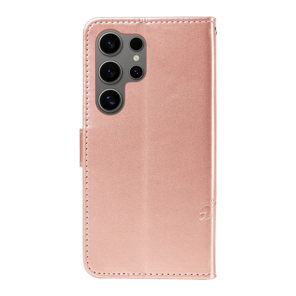 For Samsung Galaxy S25 Ultra PU Leather Cases Flower Pattern Wallet Stand Phone Cover with Strap - Rose Gold - 7