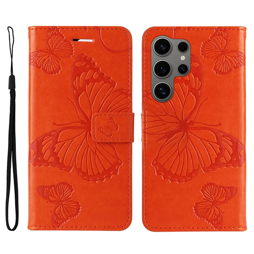 For Samsung Galaxy S25 Ultra Wallet Case Floral Butterfly Imprinted Leather Phone Cover Stand - Orange - 1