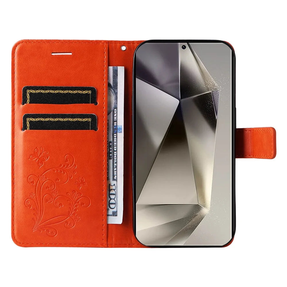 For Samsung Galaxy S25 Ultra Wallet Case Floral Butterfly Imprinted Leather Phone Cover Stand - Orange - 2