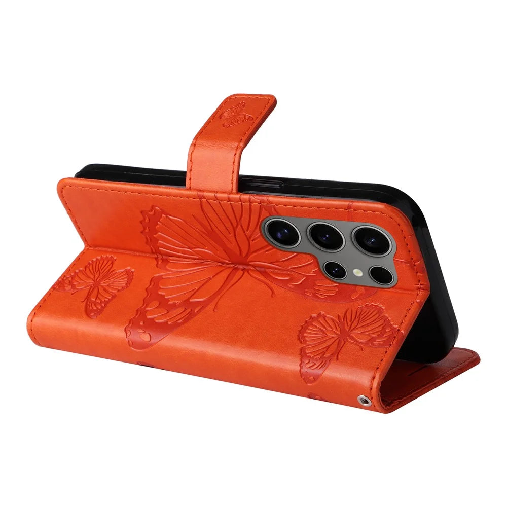 For Samsung Galaxy S25 Ultra Wallet Case Floral Butterfly Imprinted Leather Phone Cover Stand - Orange - 3