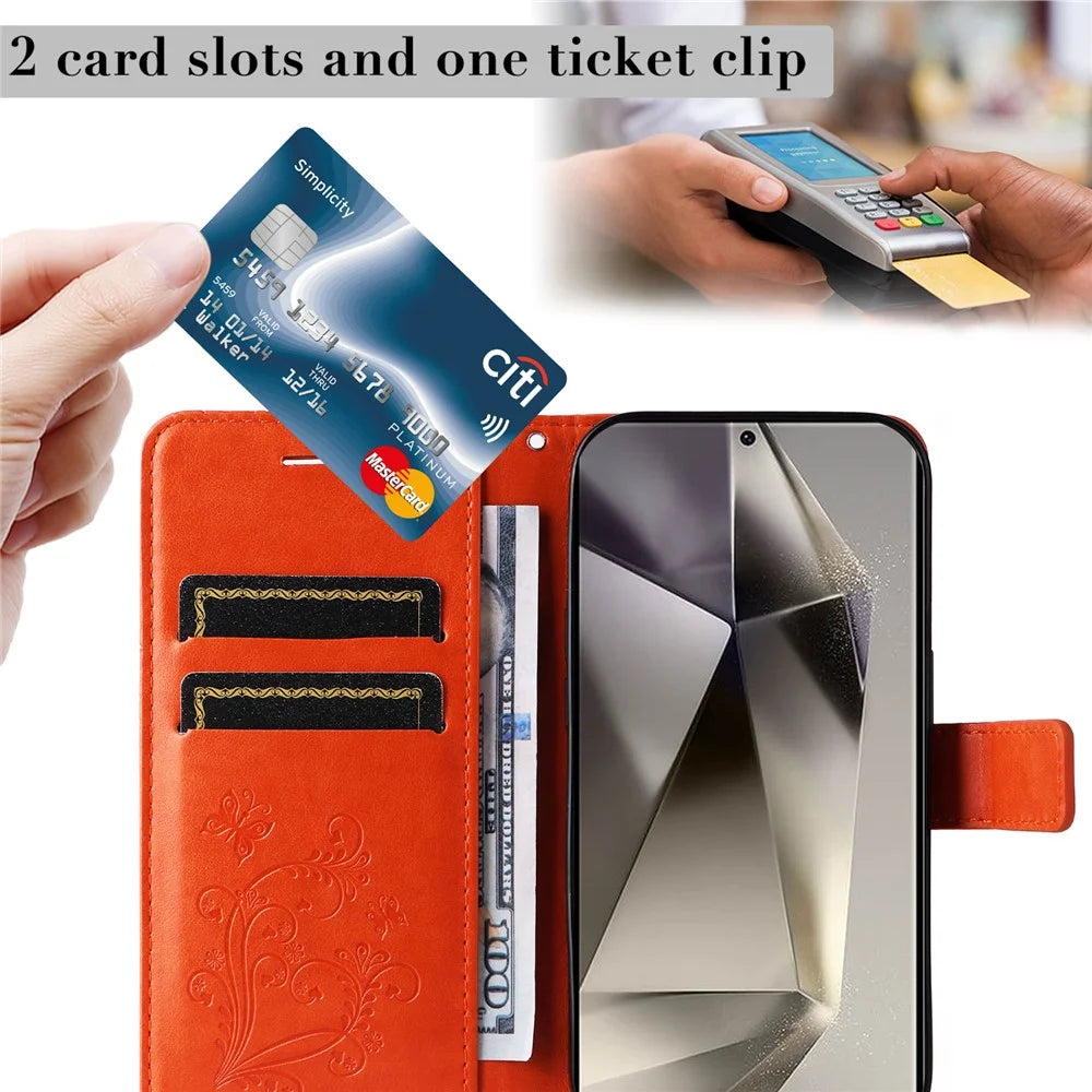 For Samsung Galaxy S25 Ultra Wallet Case Floral Butterfly Imprinted Leather Phone Cover Stand - Orange - 6