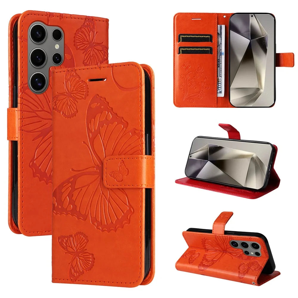 For Samsung Galaxy S25 Ultra Wallet Case Floral Butterfly Imprinted Leather Phone Cover Stand - Orange - 7