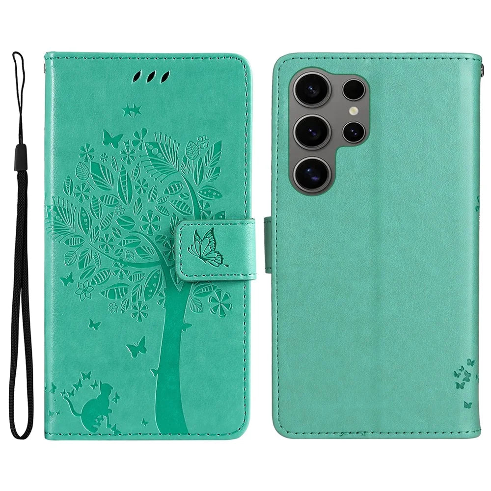For Samsung Galaxy S25 Ultra Phone Case with Stand Cat Tree Pattern Leather Wallet Mobile Cover  - Green - 1