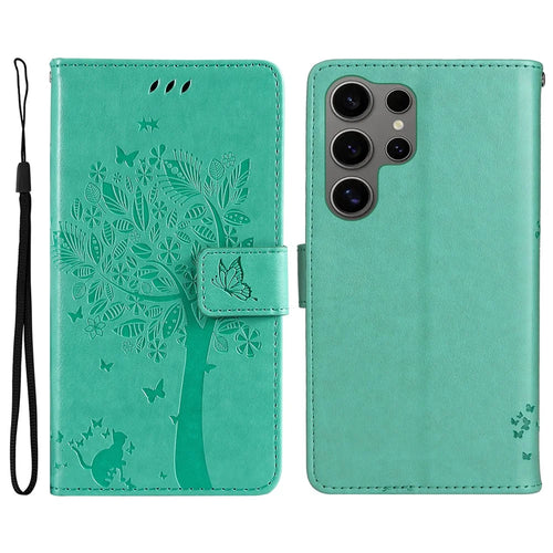 For Samsung Galaxy S25 Ultra Phone Case with Stand Cat Tree Pattern Leather Wallet Mobile Cover  - Green - 1