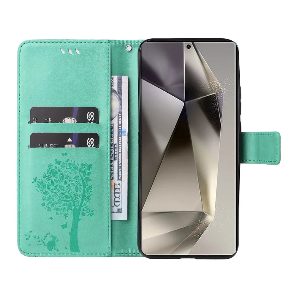 For Samsung Galaxy S25 Ultra Phone Case with Stand Cat Tree Pattern Leather Wallet Mobile Cover  - Green - 2