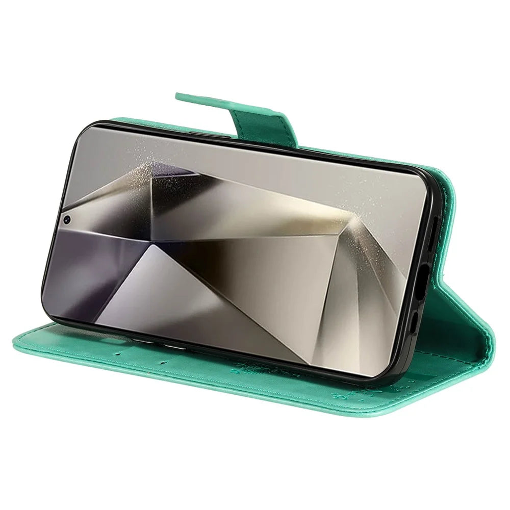 For Samsung Galaxy S25 Ultra Phone Case with Stand Cat Tree Pattern Leather Wallet Mobile Cover  - Green - 3