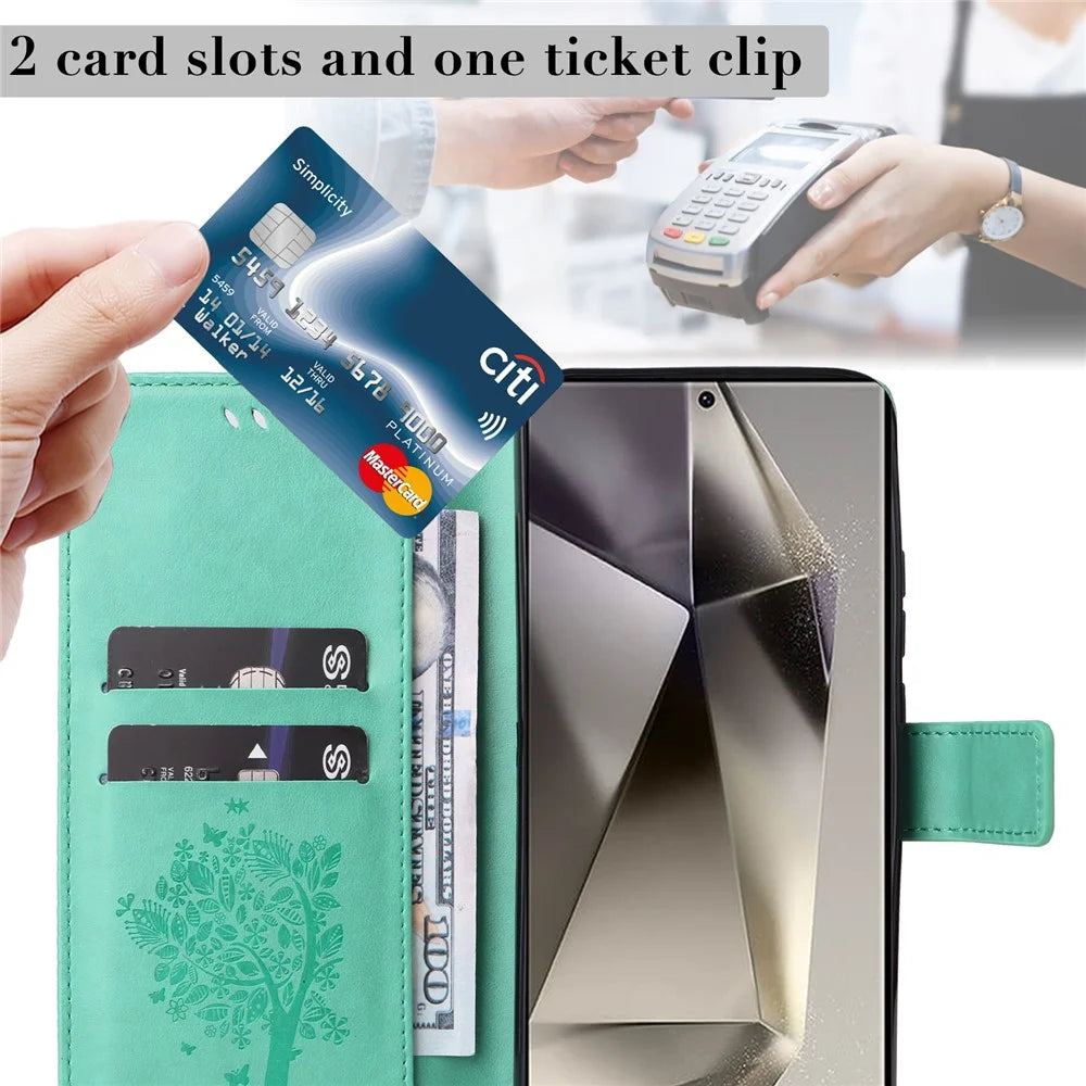 For Samsung Galaxy S25 Ultra Phone Case with Stand Cat Tree Pattern Leather Wallet Mobile Cover  - Green - 5