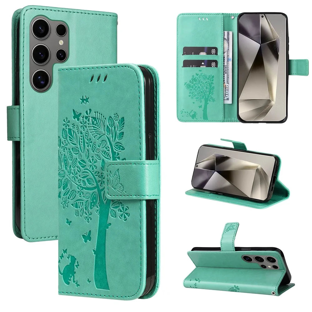 For Samsung Galaxy S25 Ultra Phone Case with Stand Cat Tree Pattern Leather Wallet Mobile Cover  - Green - 7