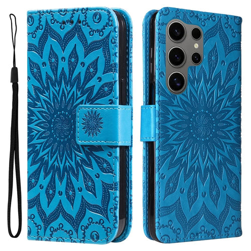 For Samsung Galaxy S25 Ultra Phone Case Sunflower Imprinted Leather Wallet Stand Cover with Strap - Blue - 1