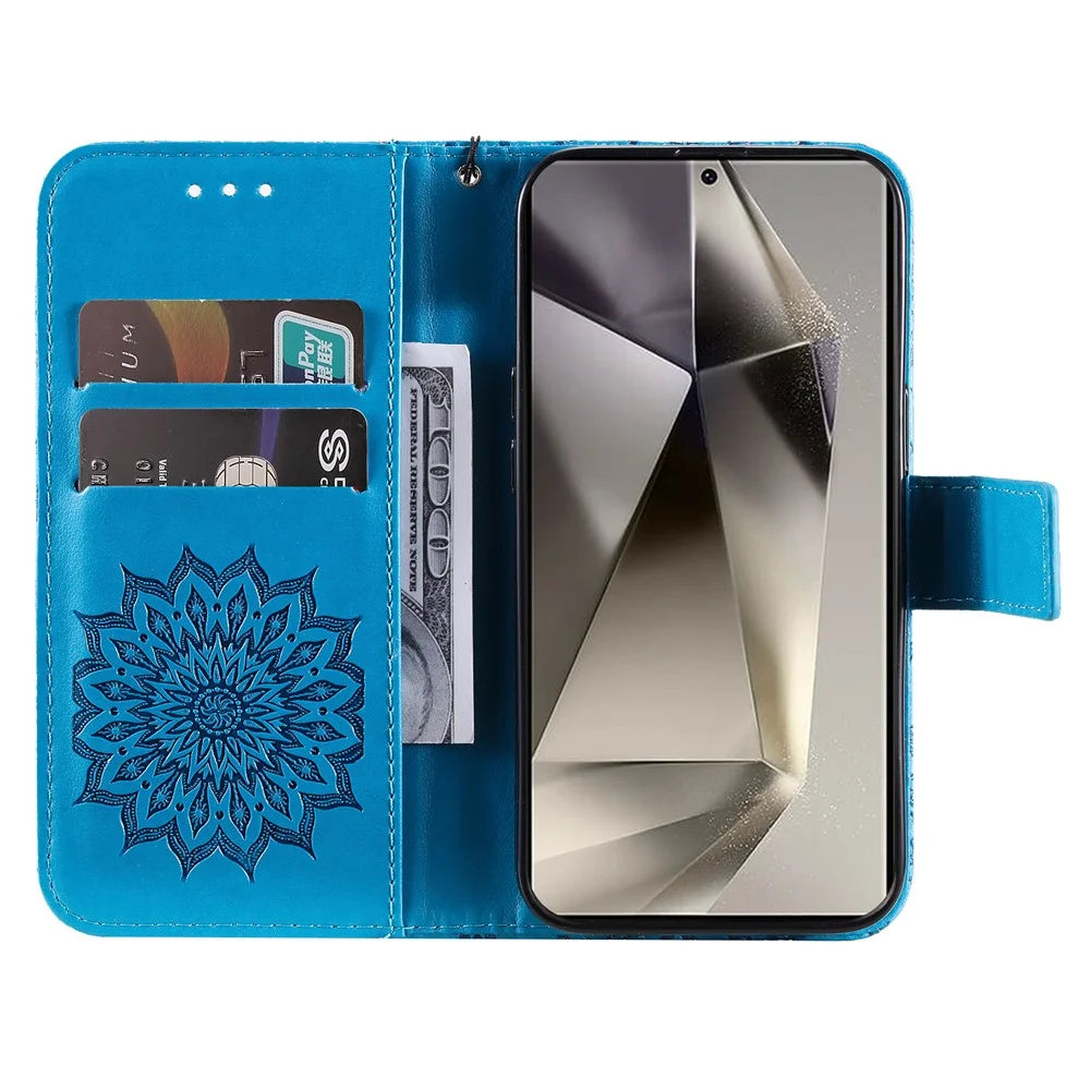 For Samsung Galaxy S25 Ultra Phone Case Sunflower Imprinted Leather Wallet Stand Cover with Strap - Blue - 2