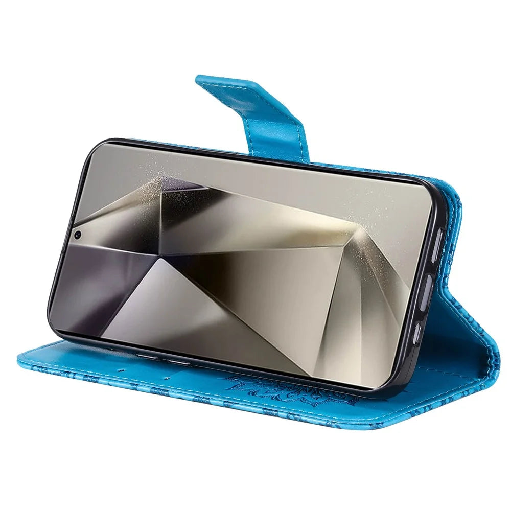 For Samsung Galaxy S25 Ultra Phone Case Sunflower Imprinted Leather Wallet Stand Cover with Strap - Blue - 3